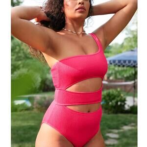Aerie Crinkle Cut Out One Shoulder One Piece Swimsuit Hot Pink Medium